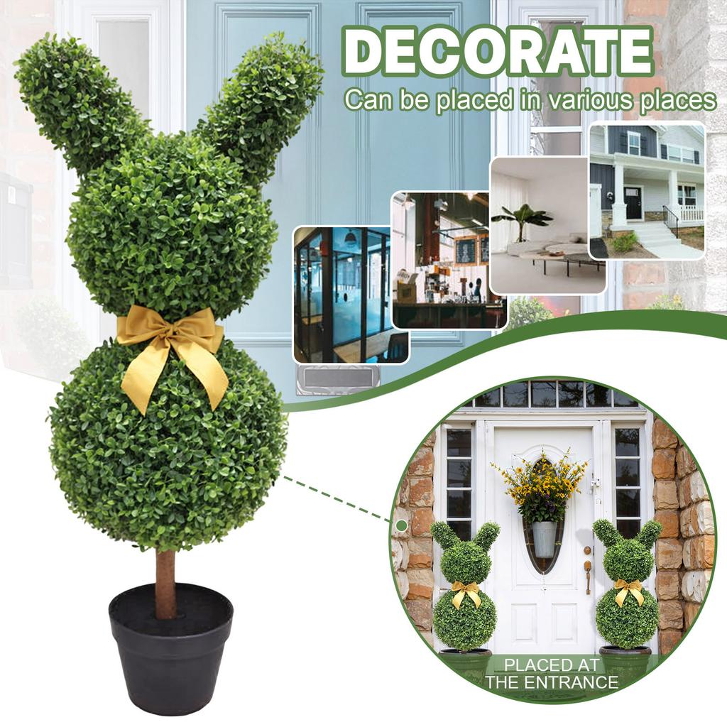 30.7 INCH Artificial Bunny-Shaped Bowknot Topiary Tree Shaped Topiary Trees UV Resistant Faux Boxwood Topiaries Plant For Porch Decor Outdoor/Indoor