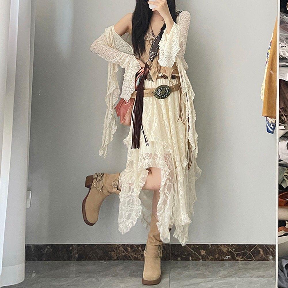 Versatile Layered Asymmetric Lace Skirt - Bohemian Nomadic Style Flowy Drape Midi Skirt