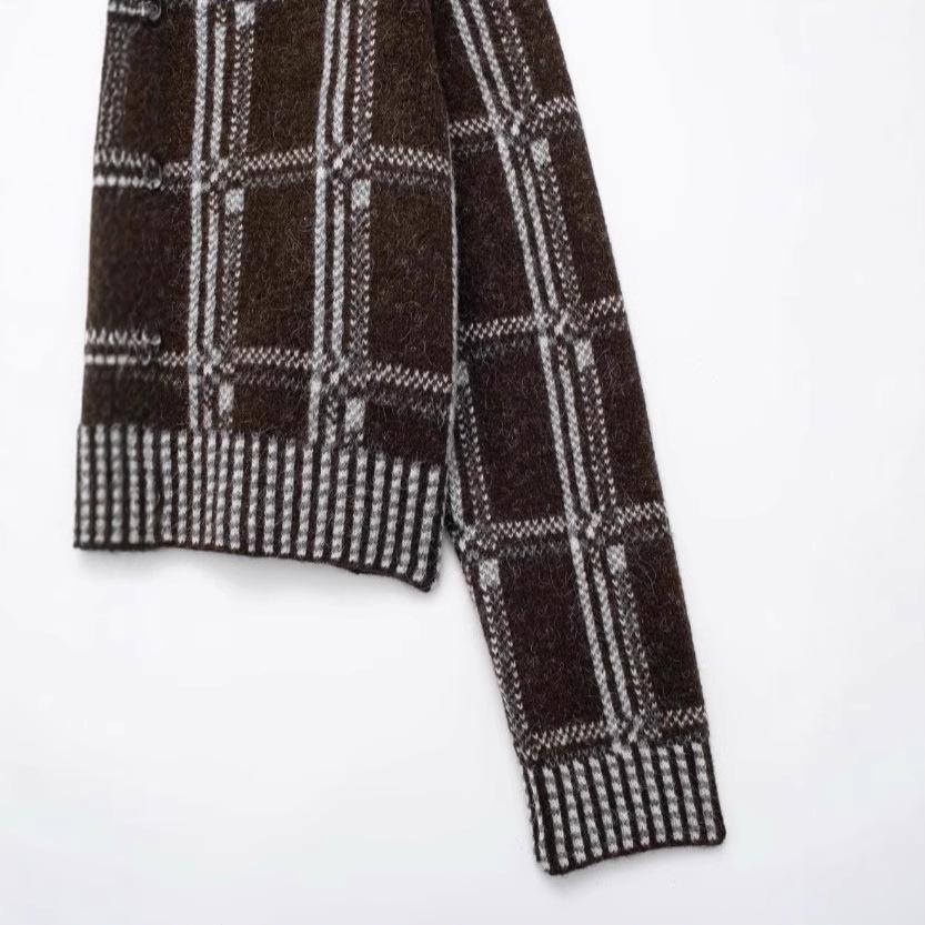 TAOP&ZA Early Spring Women's Plaid Knit Cardigan Coat - Round Neck, Single-Breasted Style