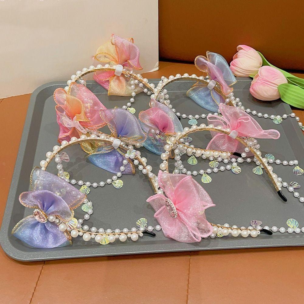 Exquisite Bowknot Headband Elastic Princess Hair Hoop Hair Accessories Faux Pearl Headband  Party
