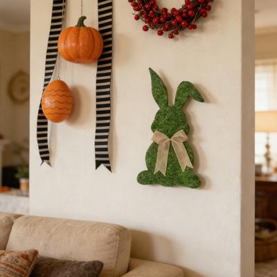 Easter Bunny Door Sign Wooden Welcome Bunny Sign with Bow Farmhouse Hanging Rabbit Wreath for Front Door Porch Wall Home Indoor Outdoor Decor