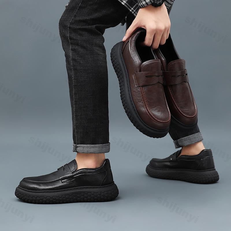 Men's Leather Shoes 2025 Autumn British Style Trendy Thick-soled Casual Shoes Anti-slip Wear-resistant Chunky Loafers