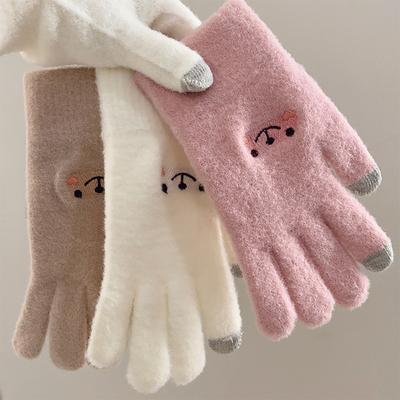 Autumn and Winter Five-finger Gloves with Smiley Face, Touchscreen-friendly, Cute Cartoon, Anti-cold, Plush and Warm