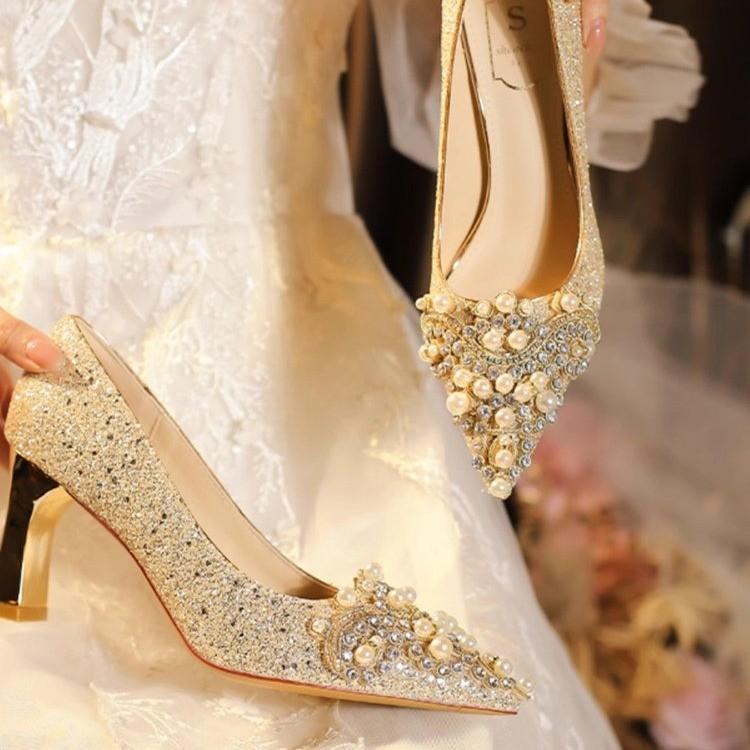 Large size sequined pearl applique stiletto high heels wedding shoes banquet dress comfortable and high-end women's shoes