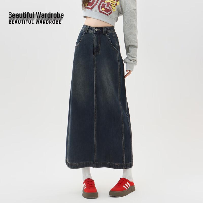 BEAUTIFUL WARDROBE Women s Retro High-Waisted Denim Midi Skirt XS