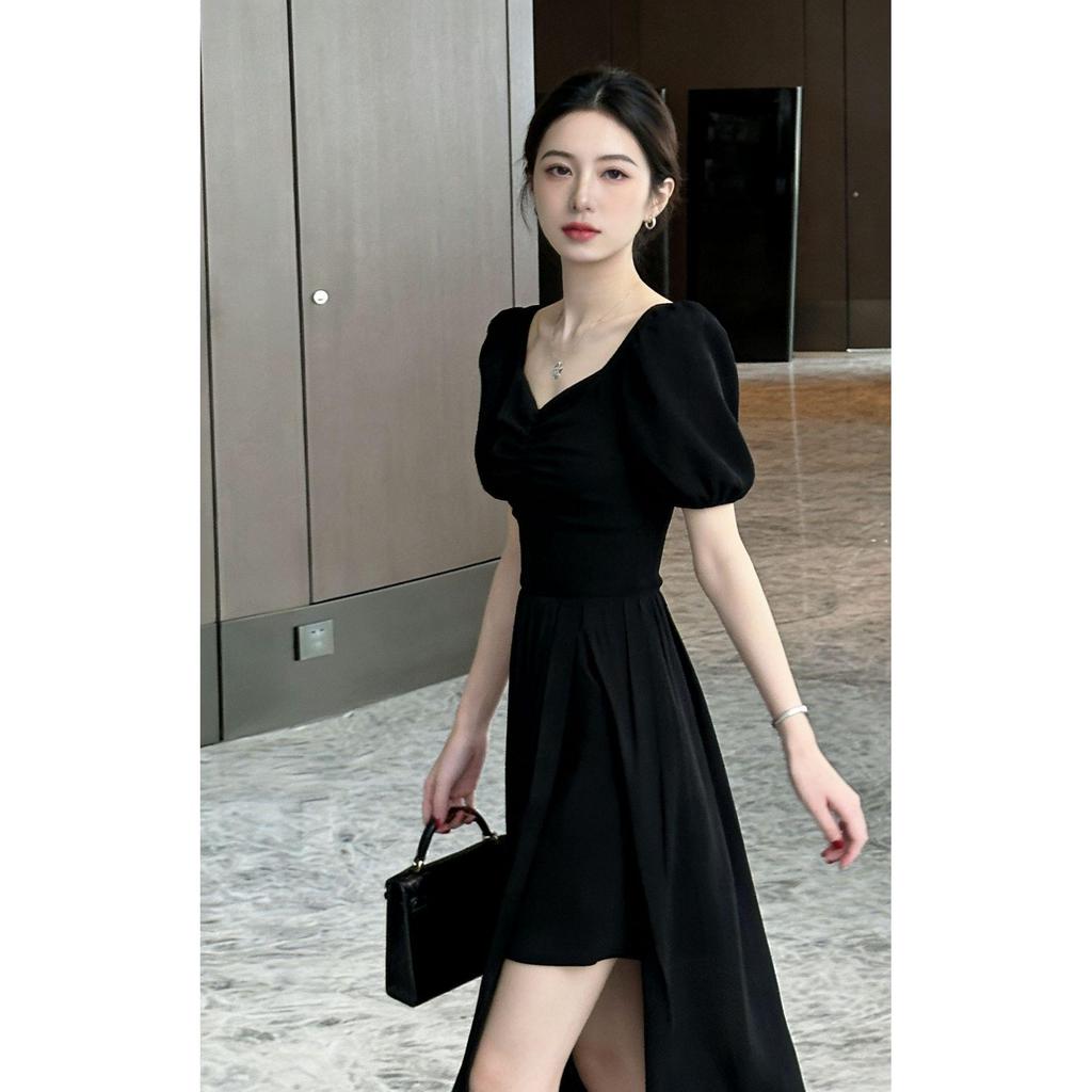 Elegant French Slimming V-neck Slit Dress - Korean Style, Plus Size, Perfect for Outings