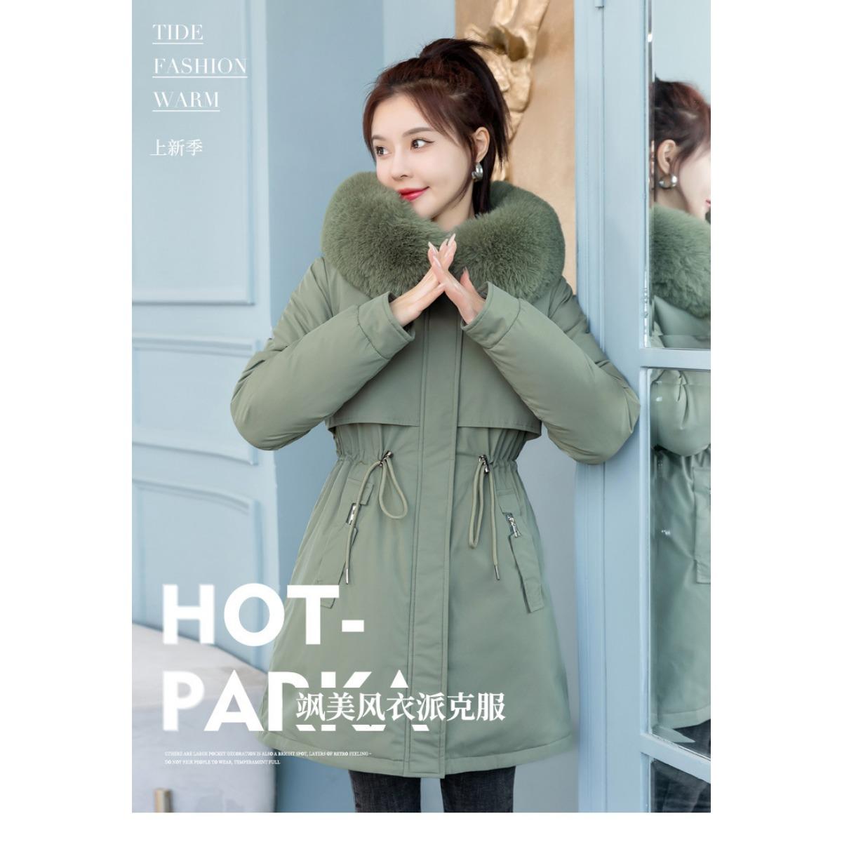 

Новая женская хлопковая одежда средней длины в корейском стиле 2025 года, зимние куртки с флисовой подкладкой и куртки с большим меховым воротником XXXL