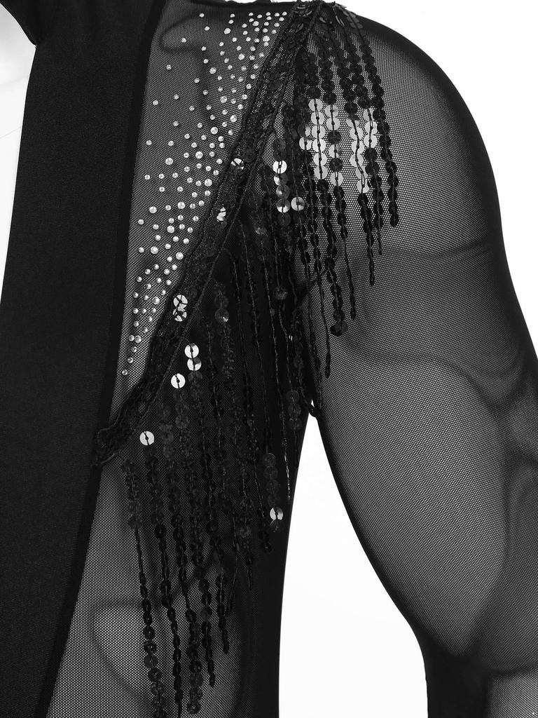 Mens Tassels Jazz Latin Dance Leotard Deep V-neck Sheer Mesh Patchwork Shiny Sequined Rhinestones Ballroom Shirts Bodysuit Rumba