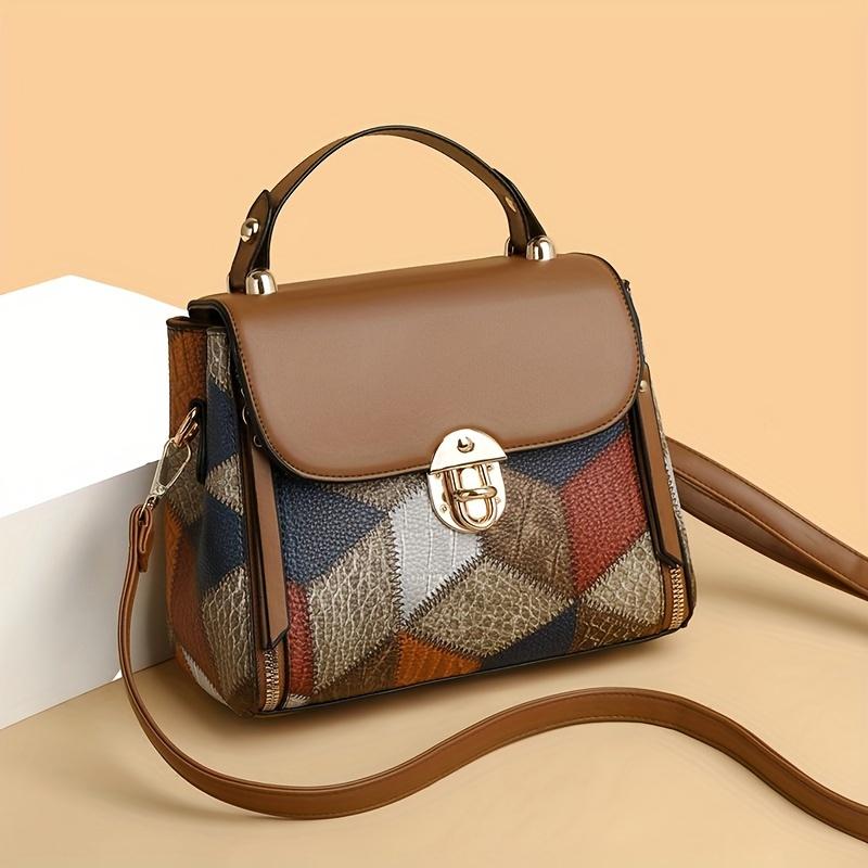 Vintage Minimalist Crossbody Bag, Color-Blocking Decoration, Anti-Theft Twist-Lock Design, Multiple Compartments, Suitable for Women's Daily Use