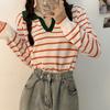 Lazy Style Loose Fitting Pullover Long Sleeved Knitted Sweater Women's Contrasting Striped Short Top