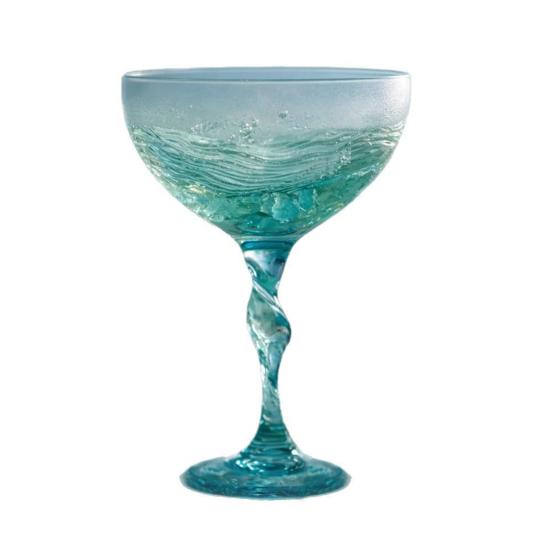 Spiral Cup Handle Wine Glass with Gradient Blue-Green Tone Unique Wave Texture Design Handheld Spiral Wine Cup