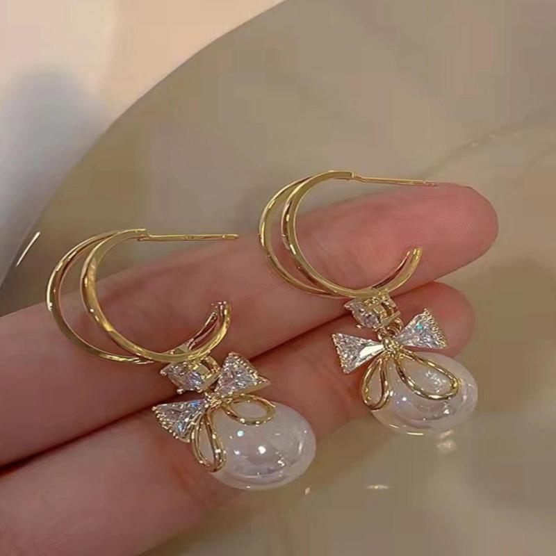 2PC Women's Fashion Trendy Pearl Bow Earrings Outdoor Travel Carnival Banquet Party Holiday Dressing Gifts