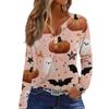 Women's Casual Long Sleeve V-Neck Halloween Print T-Shirt with Decorative Buttons