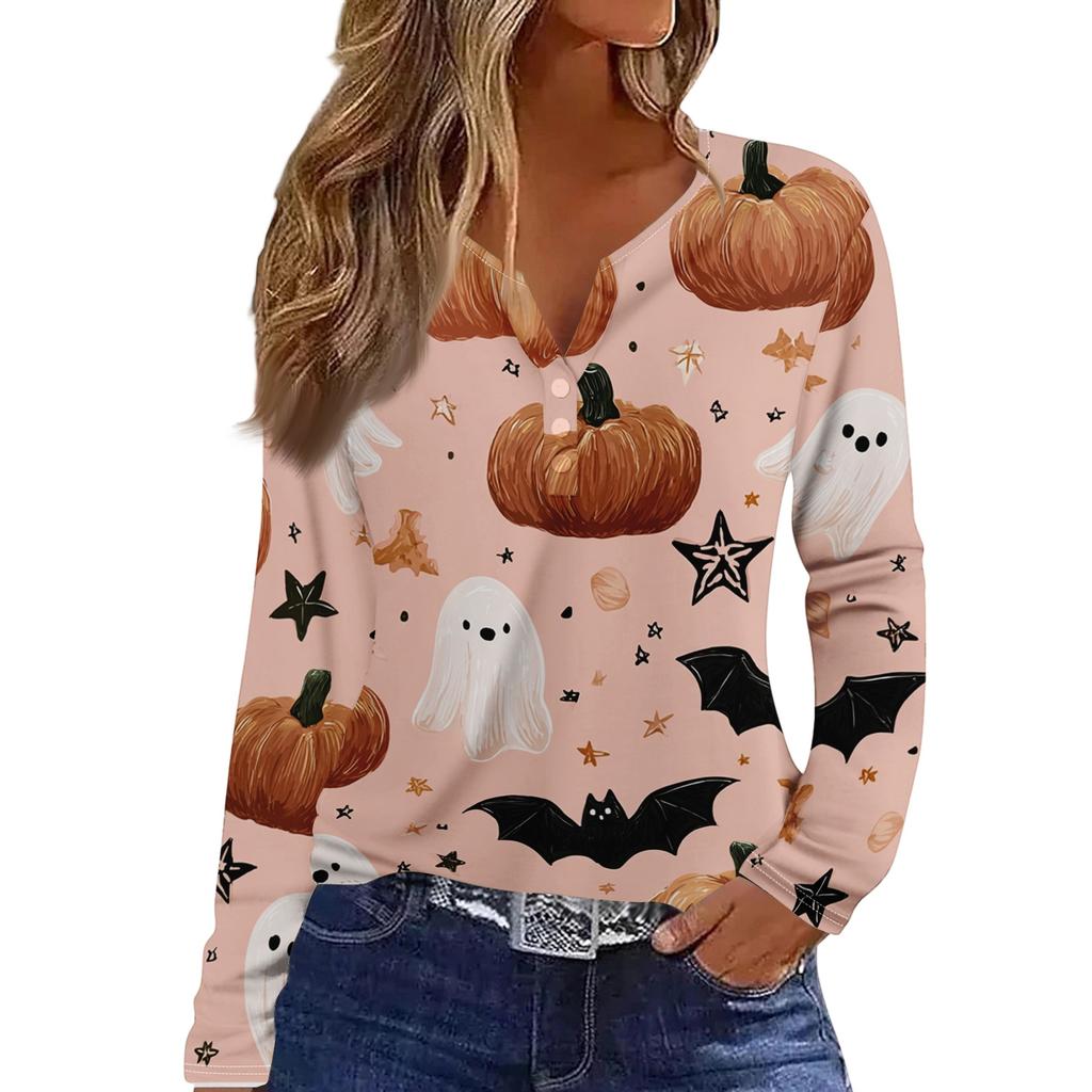 Women's Casual Long Sleeve V-Neck Halloween Print T-Shirt with Decorative Buttons