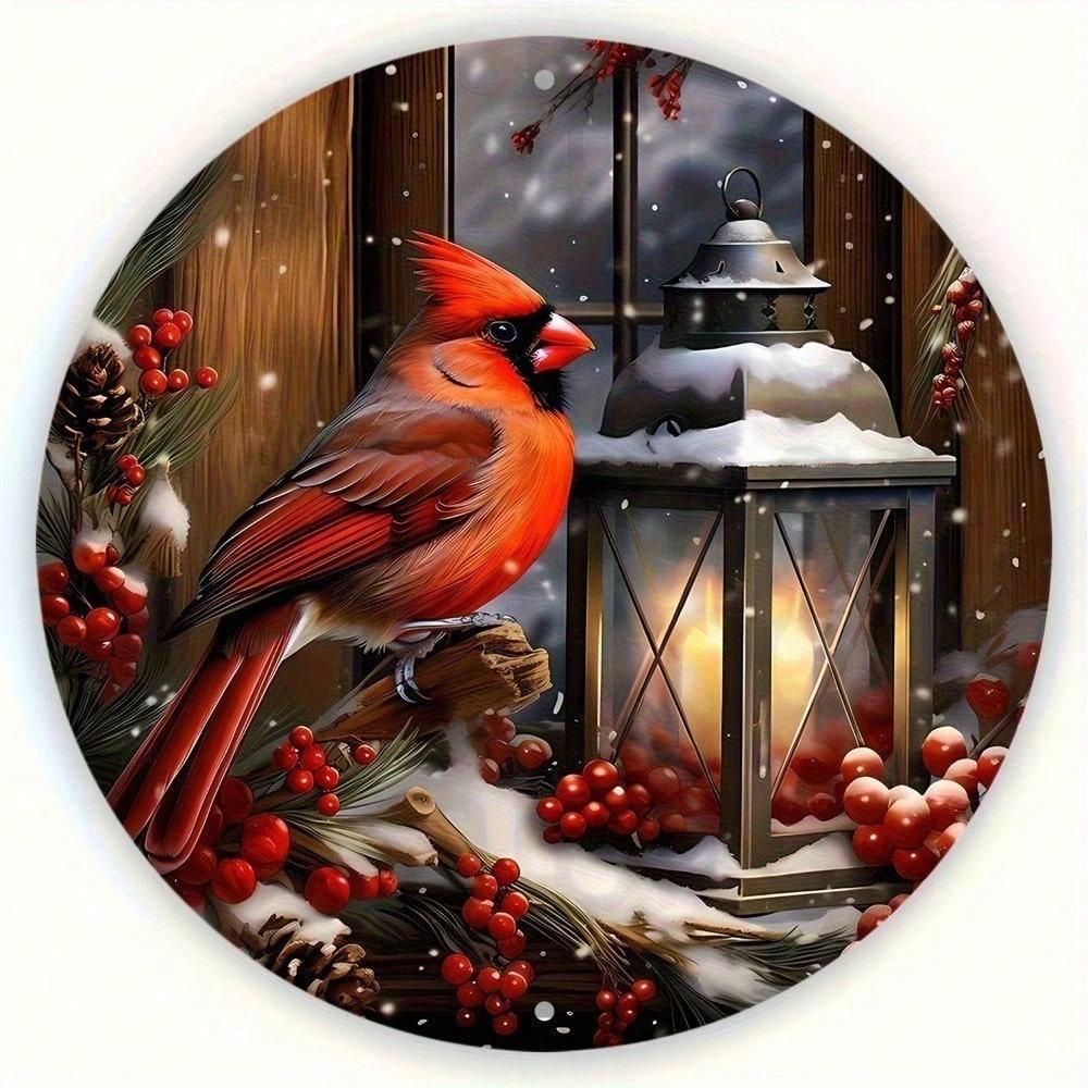 Vintage Metal Tin Sign Red Cardinal Winter Wreath Oil Lamp Retro Wall Decor for Home Bar Cafe Rustic