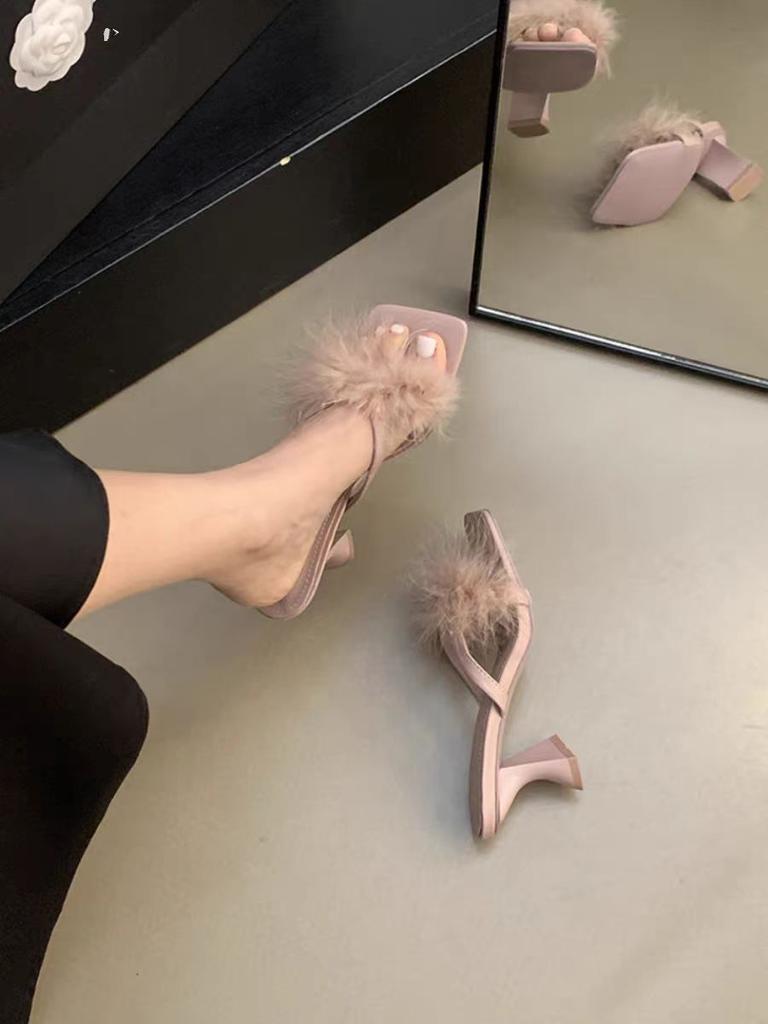 Fairy Style Black Sandals 2025 New Summer French High Heels Fluffy Slippers Women's Shoes Outside