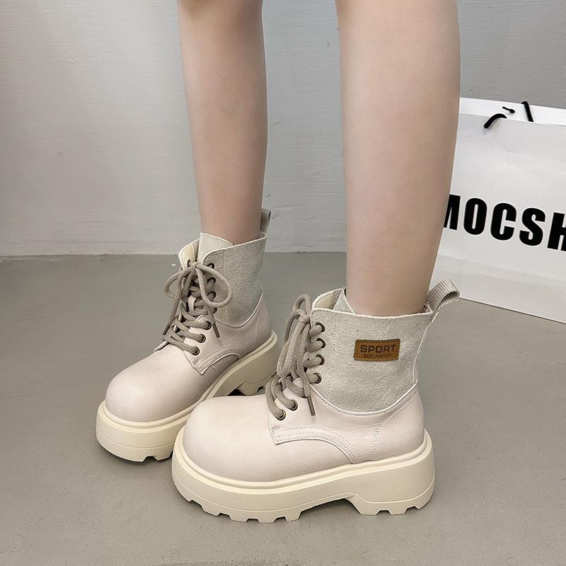British big-headed Martin boots women's 2025 autumn new thick-soled heightening short tooling boots, thin rhubarb boots