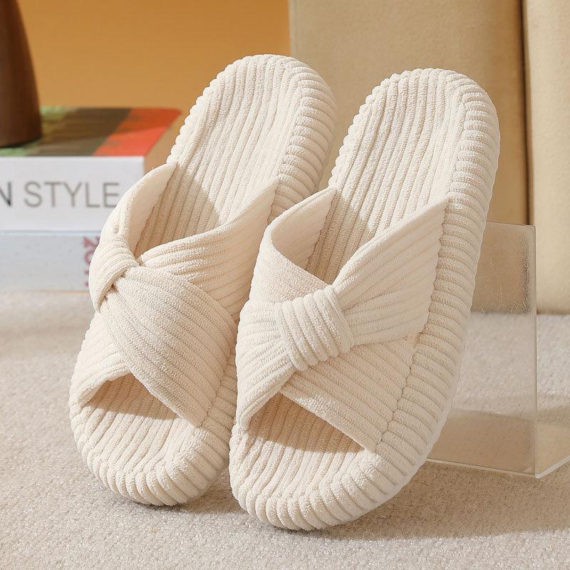 Fashion Indoor Corduroy Slippers for Women Fashion Cross Strap Cotton Slippers Woman Non Slip Platform House Cotton Slides Femle