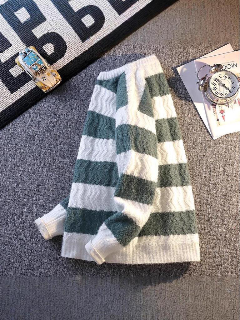 2025 Autumn/Winter Men's Korean Style Color Block Striped Loose Knit Sweater