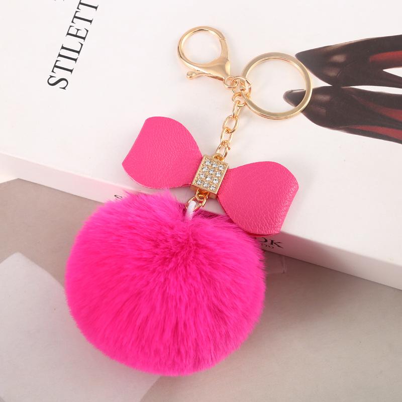 Faux Fur Pom Pom Keychain Women Girls Plush Ball Bag Backpack Pendant Creative Rhinestone Pu Leather Bow Car Keyring GiftS