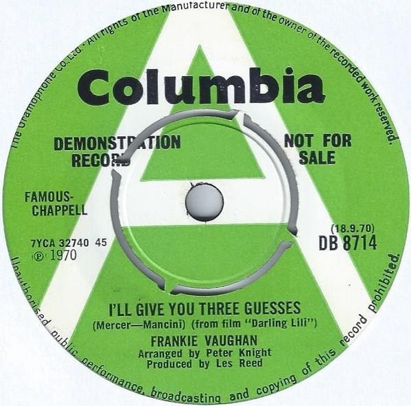 

7inch Record FRANKIE VAUGHAN Ill Give You Three Guesses DB8714 COLUMBIA 1970 UK Pop Used