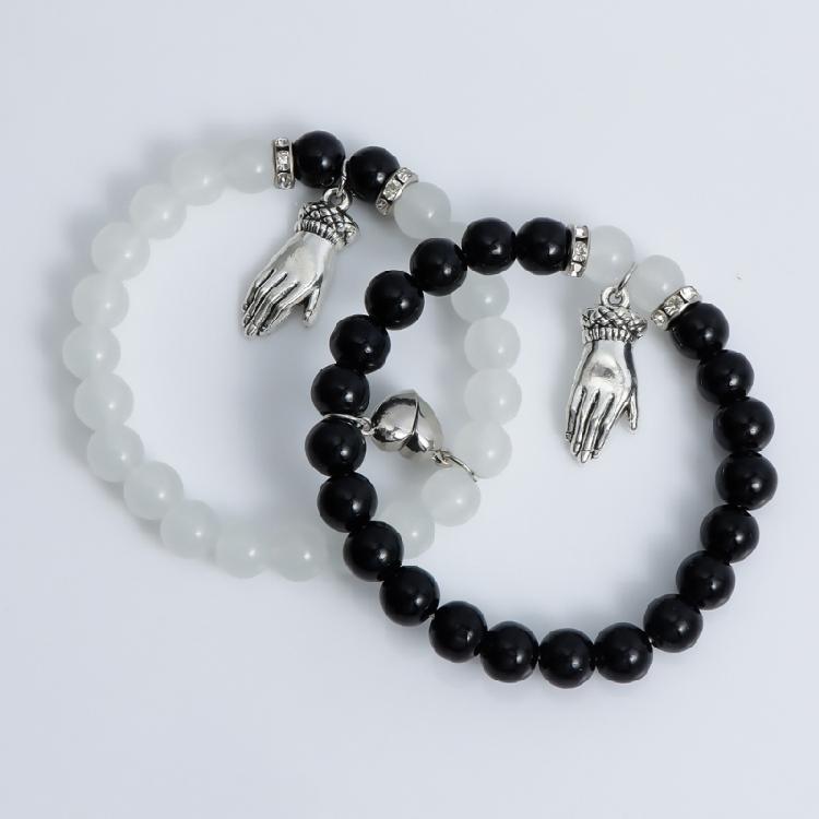 2Pieces Elegant Crystal Bead Bracelet Magnetic Clasp Handchain for Couples Adjustable Matching Wristbands Accessory