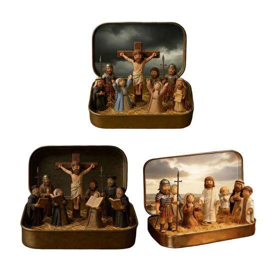 1/2 Stück Jesus Kreuzigungsszene Set in Blechdose Handgefertigt Taschenformat Miniatur Jesus Auferstehung Blech Harz Ornament Religiöse Dekoration