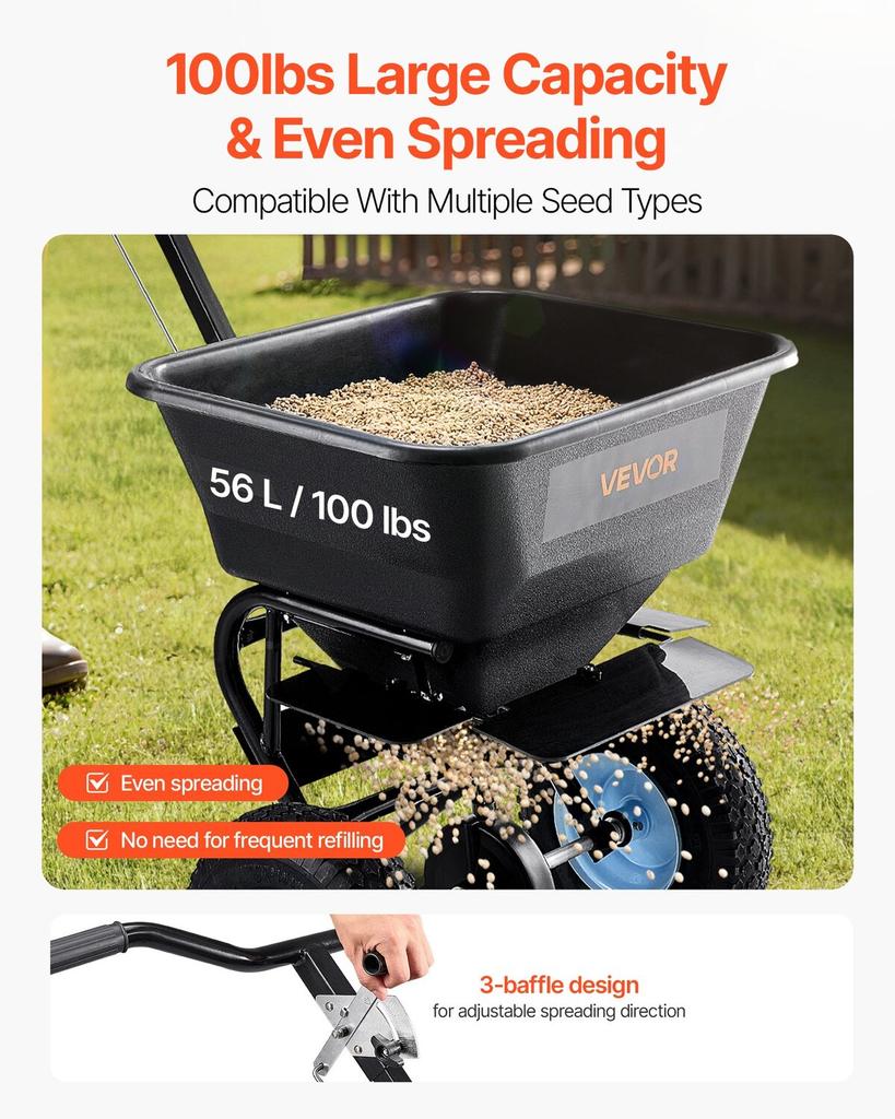 Lawn Spreader, 100LBS Capacity, Walk-Behind Push Spreader, 0-9.8ft Spreading Width, 13 in All Terrain Pneumatic Tires, Fertilizer Spreaders with