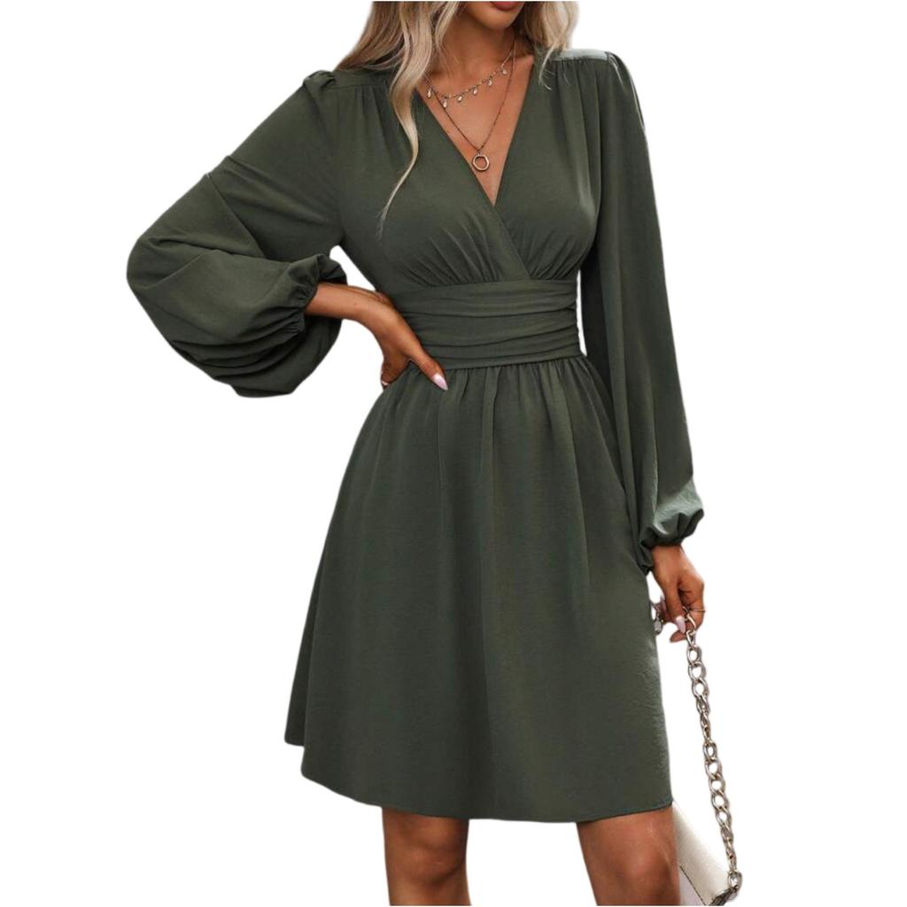 Women's Fashionable Color V Neck Long Sleeved Pleated Versatile Dress
