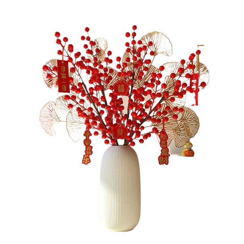 Winterberry Red Berries Artificial Flower Arrangement - New Year Housewarming Decoration for Living Room Ornaments