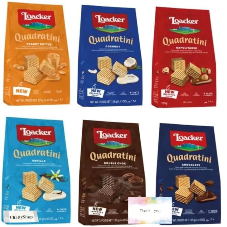 

Набор Loacker Quadratini Peanut Double Включает оригинальную открытку Costco [Популярный ассортимент из 6 вкусов] 6 пакетов (Шоколад, Наполитана, Ваниль,