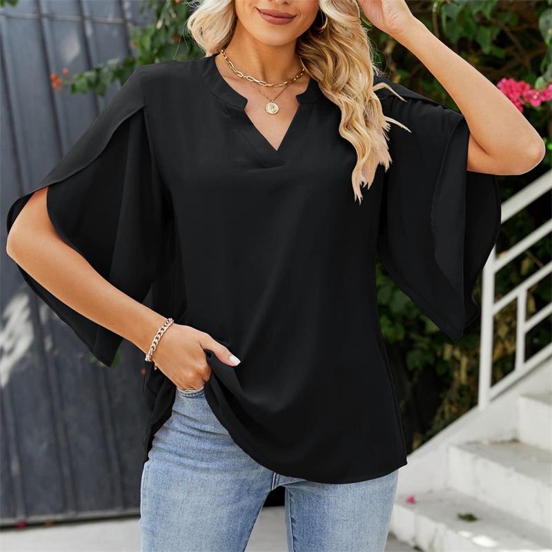 Spring and Summer Women Chiffon Blouses Shirts Lady Casual Short Flare Sleeve V-Neck Loose Blouse Tops