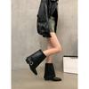 Women's Metal Buckle Pointed Toe Mid Calf Boots with Block Heel Faux Leather Rubber Sole Autumn Winter Fashion Boots