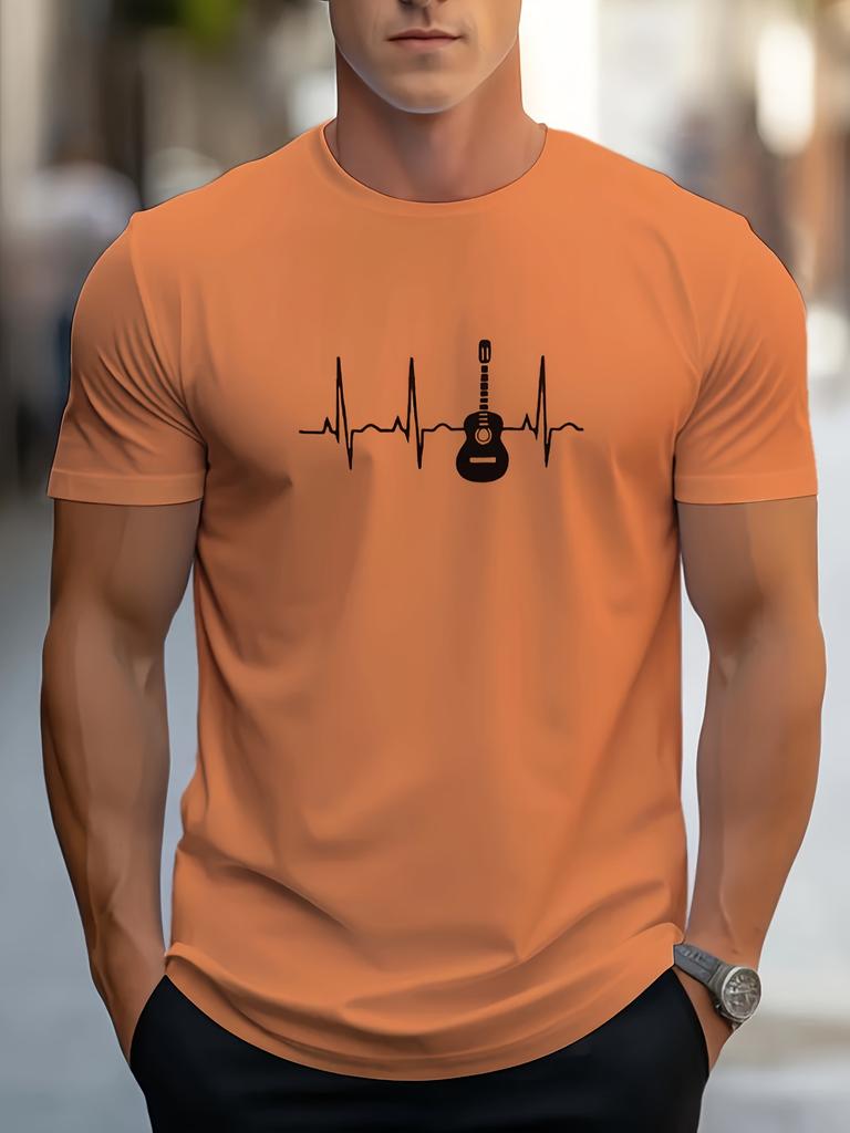 Men's Crew Neck T-shirt, Electric And Heartbeat Pattern Summer Top For Casual And Street Wear