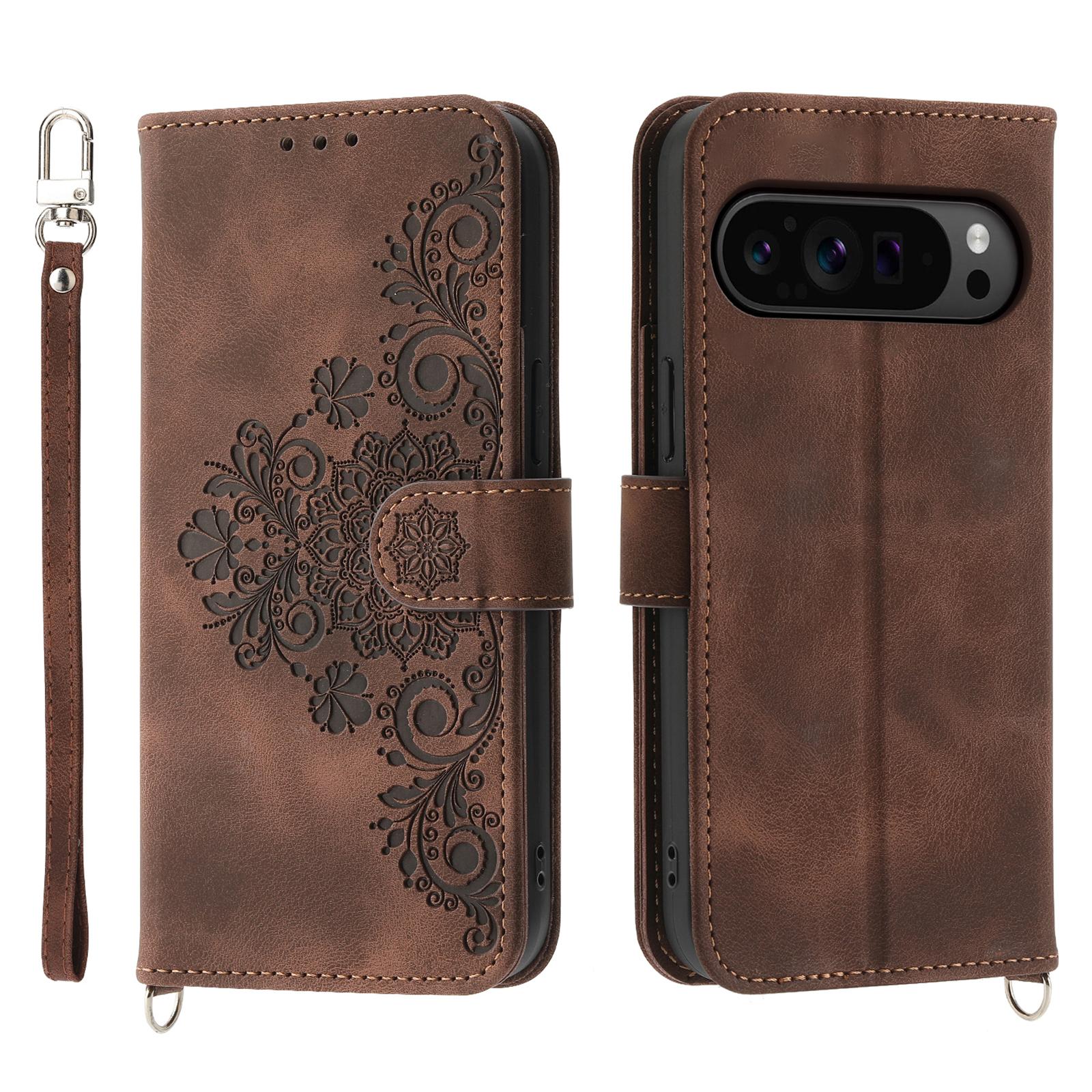 

For Google Pixel 9 Pro XL Leather Case Flower Pattern Phone Protector with Multiple Card Slots Brown