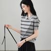 SOFSIL Women's Striped Lapel Short Sleeve Knit Top
