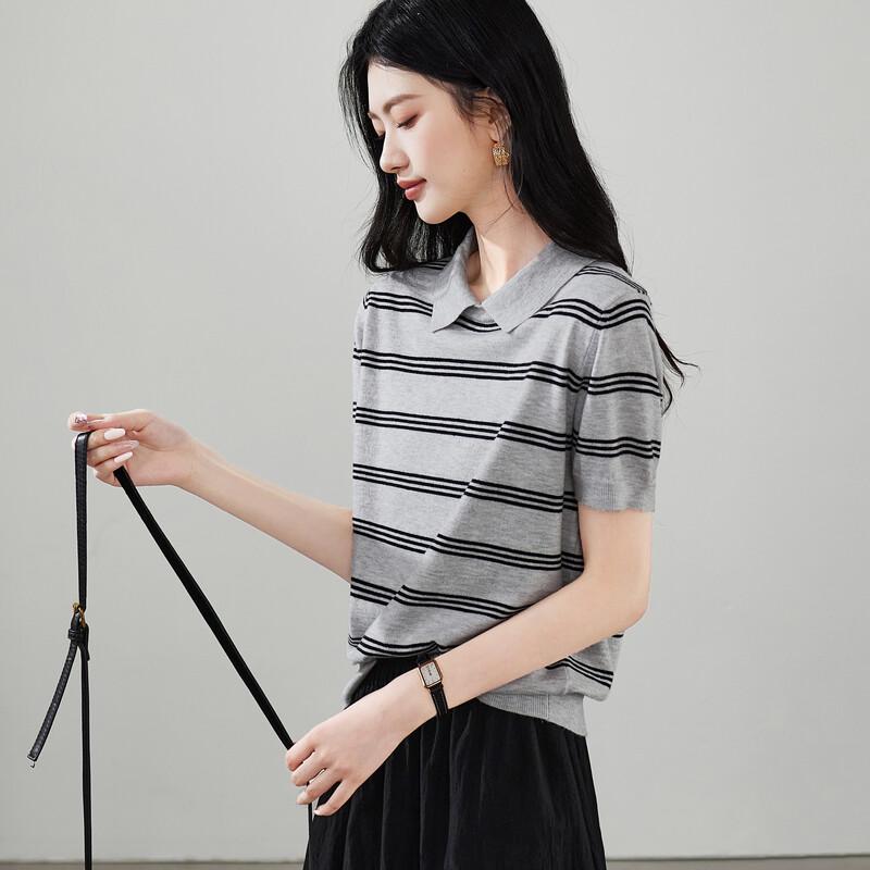 SOFSIL Women's Striped Lapel Short Sleeve Knit Top