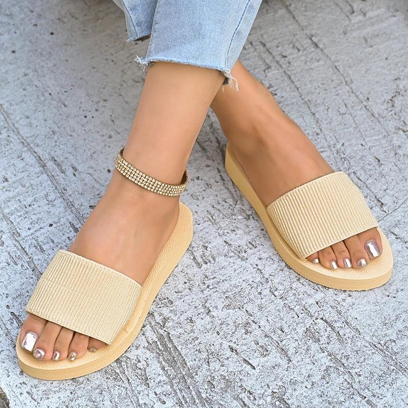 Fashion Elastic Fabric Flat Slippers for Woman 2025 Summer Lightweight Soft Beach Flip Flops for Women Solid Color Comfort Casual Slides