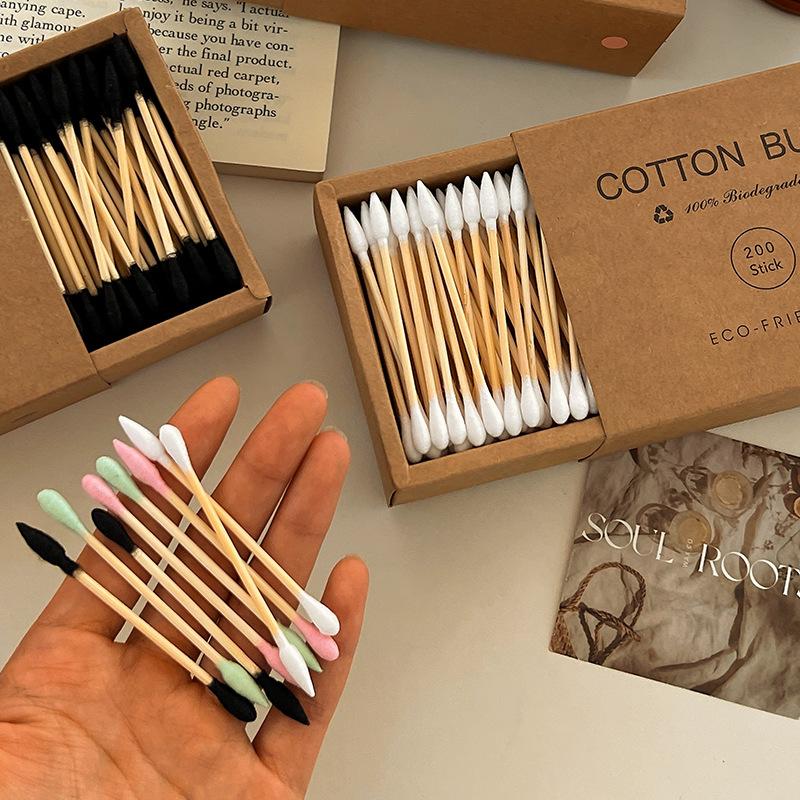 200Pcs Bamboo Cotton Swabs In Kraft Paper Box, Eco-Friendly Double Headed Cotton Sticks, Makeup Remover & Ear Cleaning