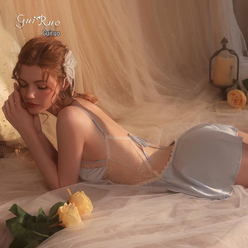 Set Cămașă de Noapte Camisolă Transparentă cu Fundă din Dantelă Superbă - Pijamale pentru Femei Homewear