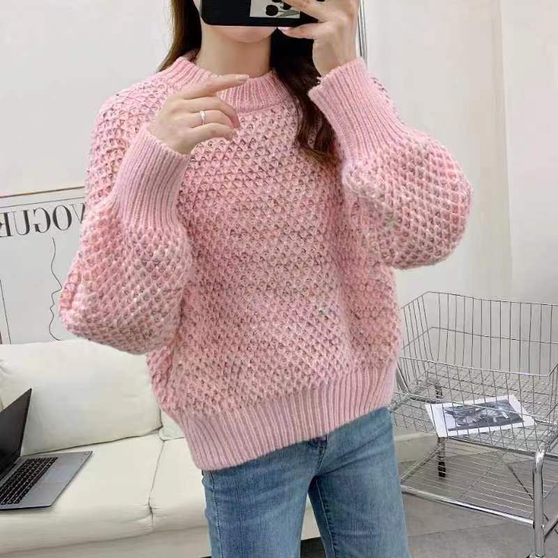 

Женский свитер Осень и Зима Круглый вырез Базовый Вязаный свитер Свободный Повседневный свитер Пуловер с длинным рукавом One Size розовый