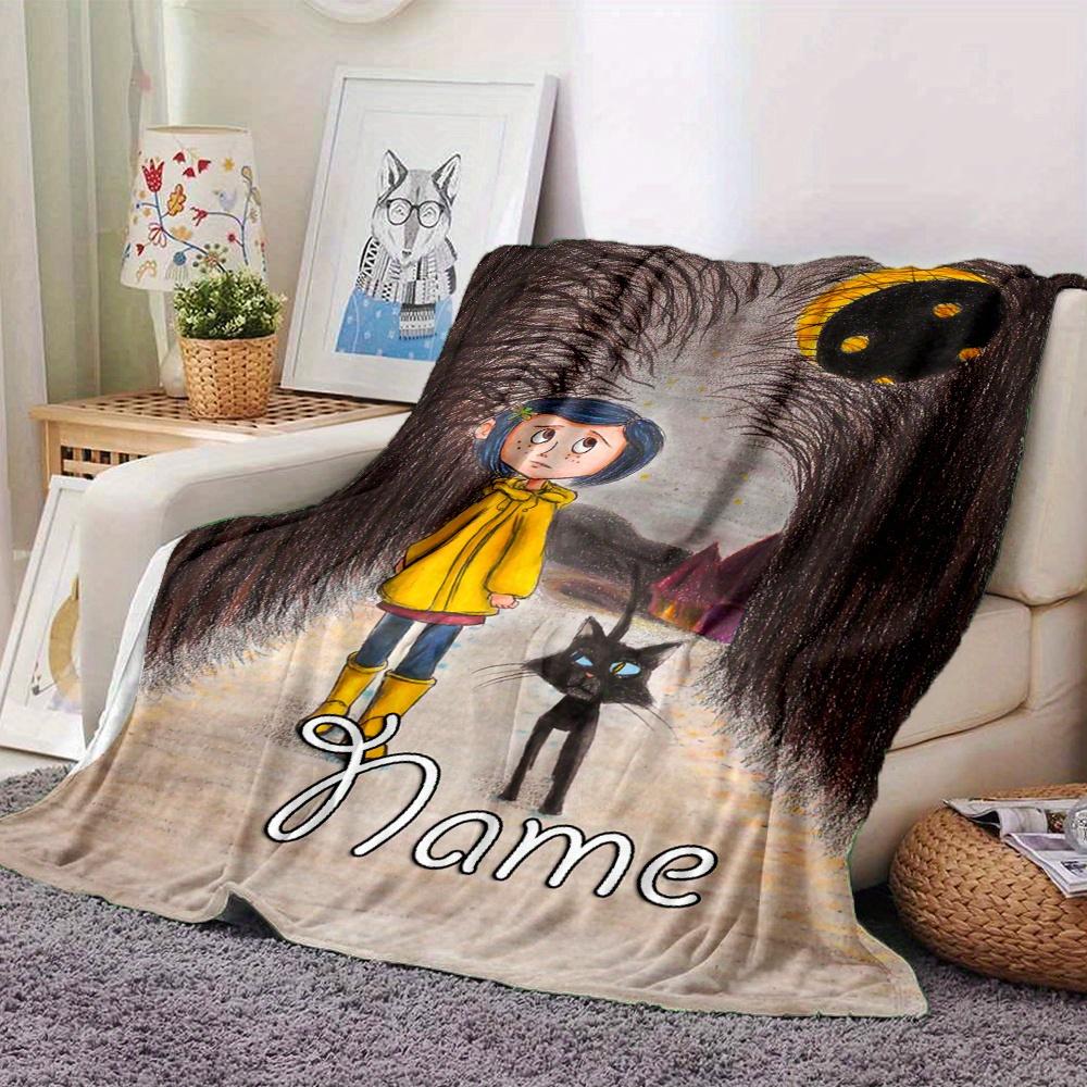 Coraline And Cat Pattern Flannel Blanket Name Can Be Customized Comfortable In All Seasons Suitable For Sofa Bed Travel Camping And Office Decoration