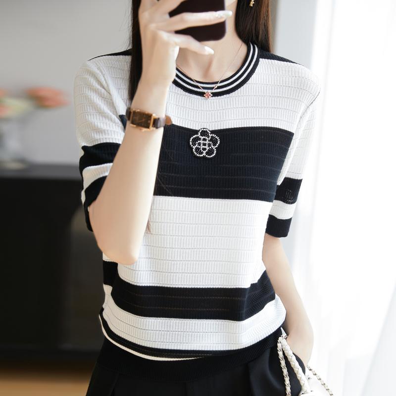 Women Knit T-shirt MODERN NEW SAGA Summer Knitted Shirt Short Sleeve Tees O-neck Patchwork Pullover Knit Tops