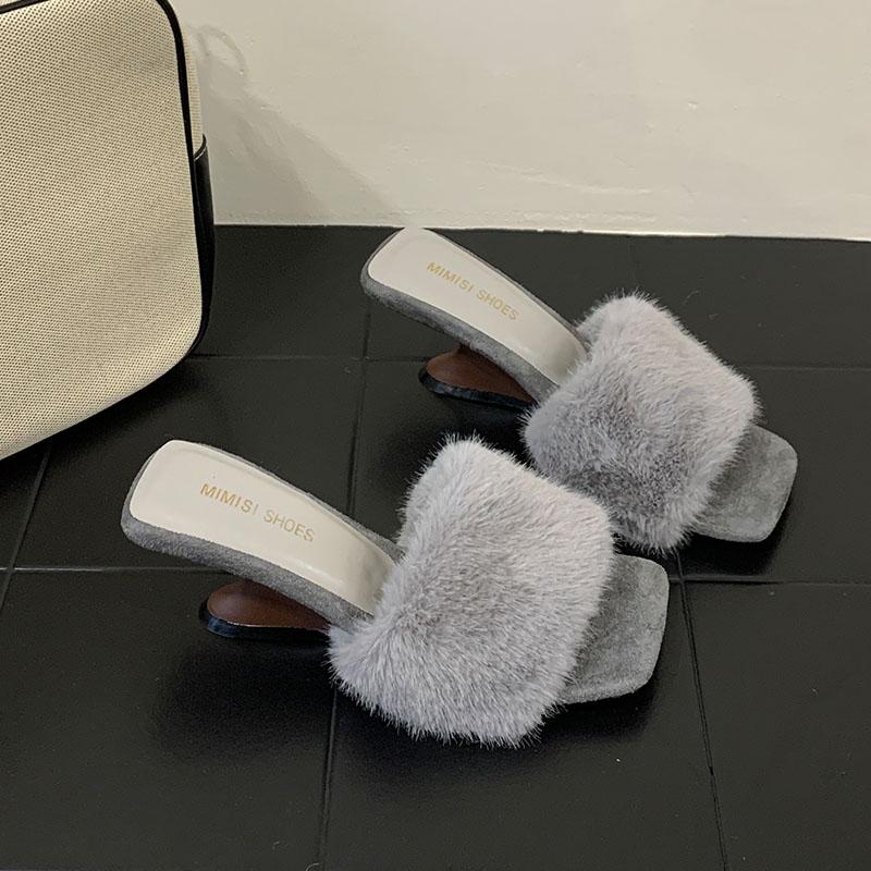 Fashion Female Wedges Footwear Warm Fashion Fur Women Pumps Heels Shoes Slides Square Toe Ladies Heeled Sandals Wedges Shoes
