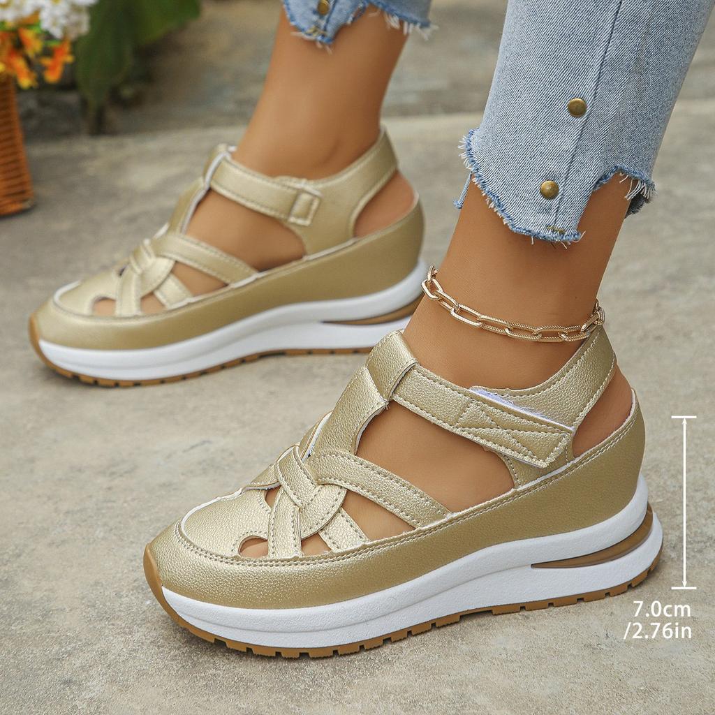 Summer Slope Heel Sandals Bag Head Hollow Breathable Large Size Muffin Thick Sole Velcro Sandals