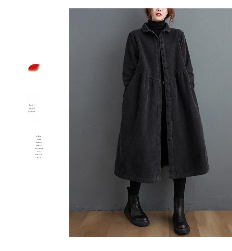 In Stock: Women's Korean Style Plus Velvet Corduroy Trench Coat - Thickened, Long Sleeve, Single-Breasted, 2025 Winter Edition.