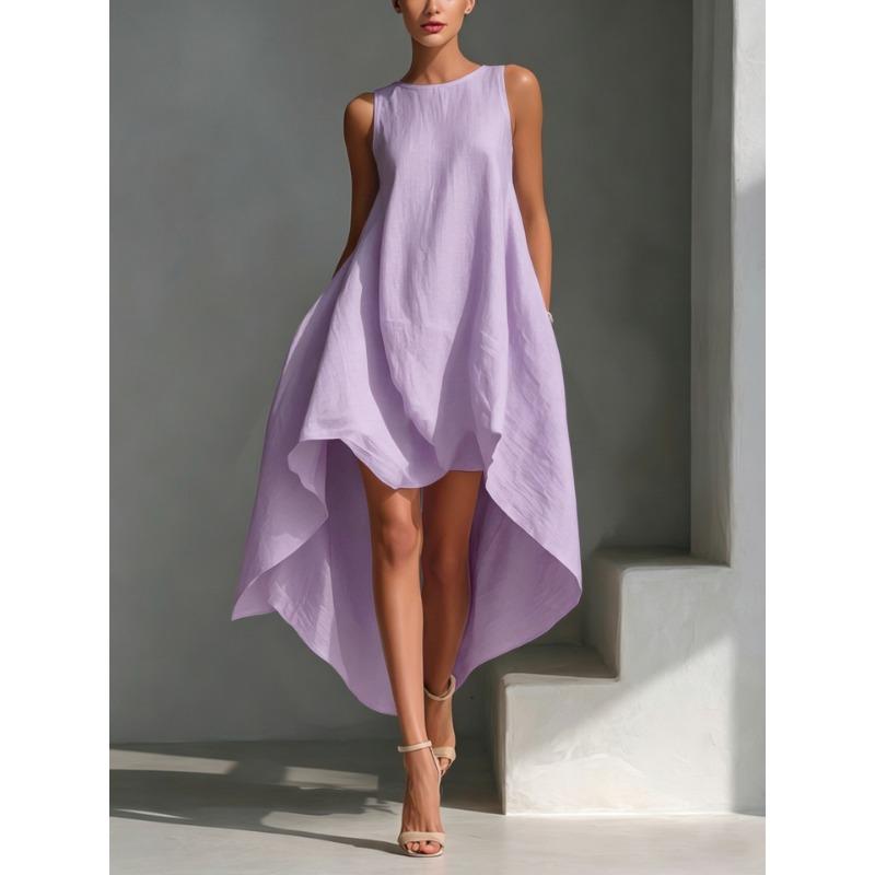 Women S Casual Solid Color Sleeveless Round Neck Irregular Flowy Long Dress