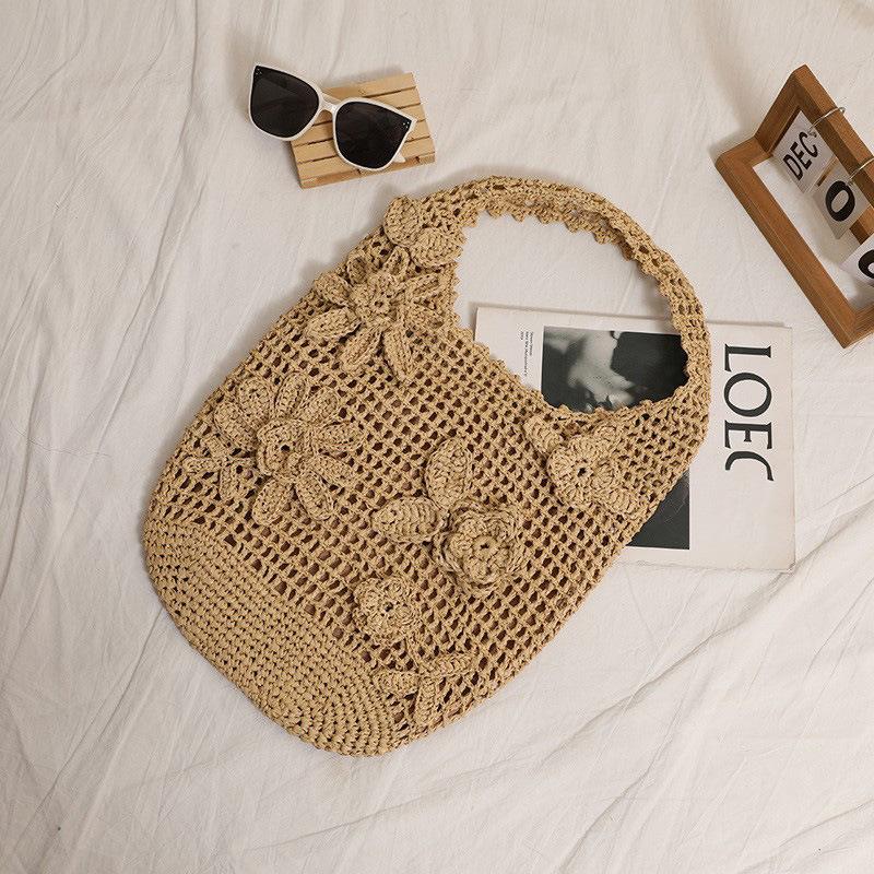 Bohemian Blume Strandtasche Hohl Gewebte Umhängetaschen für Damen Rose Häkeln Strohtasche Meeresblumen Strick Shopper Tasche Hobos