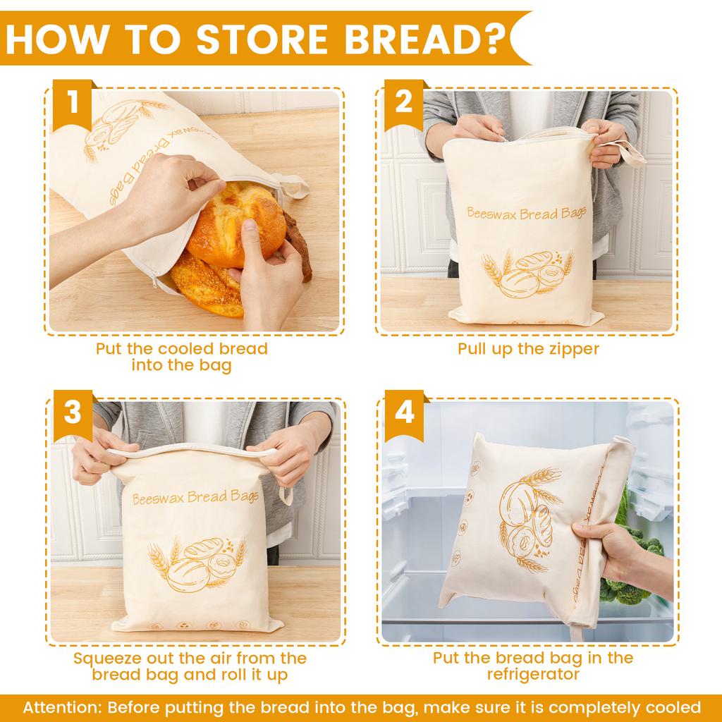 2Pcs Beeswax Bread Bag with L Shaped Zipper Large Capacity Food Storage Bag Cotton Fabric Reusable Kitchen Organizer