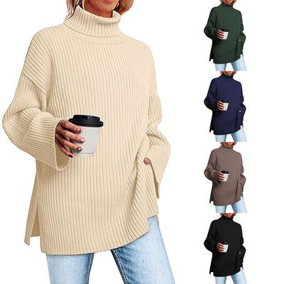 Autumn and Winter Women's High Neck Knit Fashion Side Split Thread Knitted Sweater Women's Top